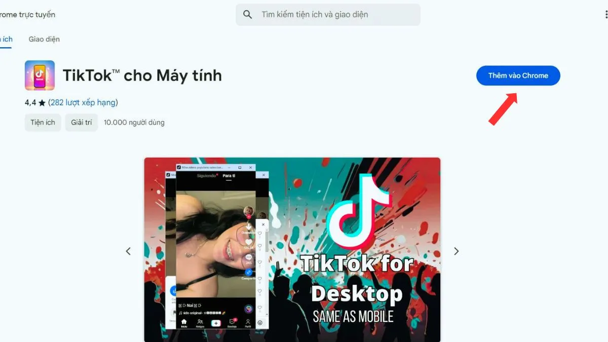 Nhấn 'Thêm vào Chrome' để cài đặt tiện ích giúp tải TikTok trên máy tính và mở trực tiếp trên trình duyệt