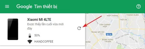 Bản đồ hiển thị vị trí gần đây nhất của thiết bị, minh họa khả năng định vị để hỗ trợ khôi phục BlackBerry Passport khi bị khóa hoặc thất lạc.