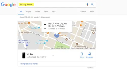 Giao diện tìm kiếm Google hiển thị kết quả &quot;Find my device&quot;, cho thấy khả năng tìm kiếm nhanh các công cụ hỗ trợ cho việc khắc phục BlackBerry Passport bị khóa.