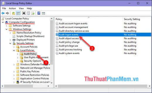 Tìm mục Audit logon events ở ô bên phải để cấu hình ghi lại các sự kiện đăng nhập, yếu tố then chốt giúp bạn xem lịch sử sử dụng máy tính hiệu quả