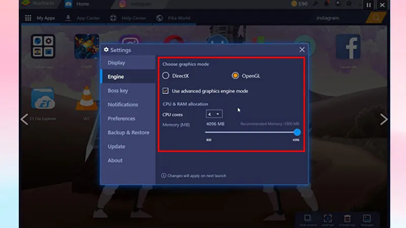 Giao diện cài đặt BlueStacks để cấu hình hiệu suất
