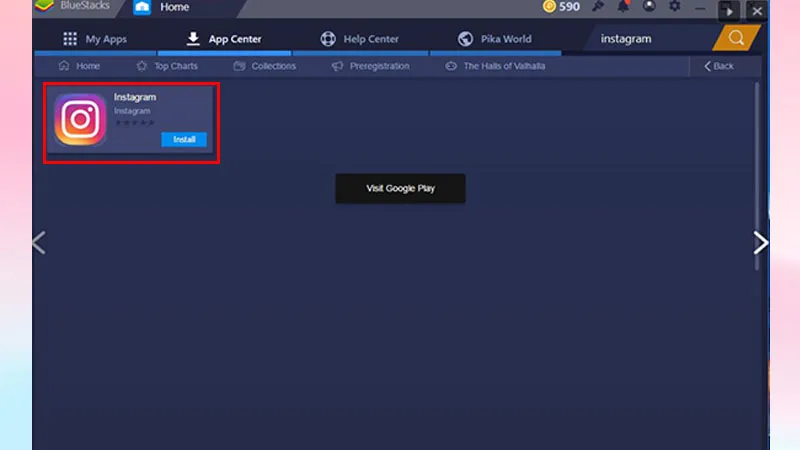 Màn hình ứng dụng Instagram bên trong giả lập BlueStacks