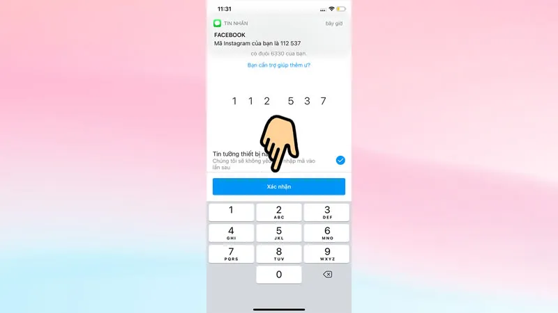Màn hình nhập mã xác minh được gửi qua tin nhắn để đăng nhập Instagram