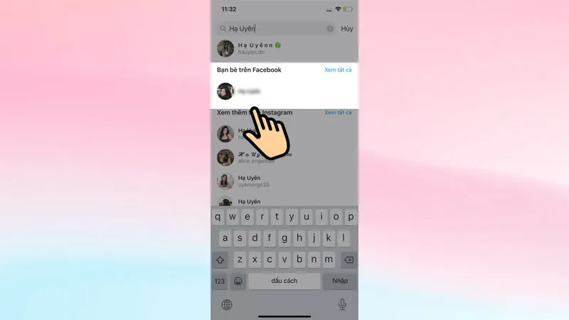 Giao diện tìm kiếm người dùng để bắt đầu trò chuyện trên Instagram điện thoại