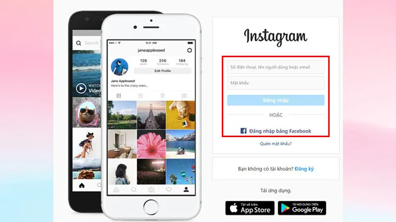 Giao diện đăng nhập Instagram trên trình duyệt web máy tính