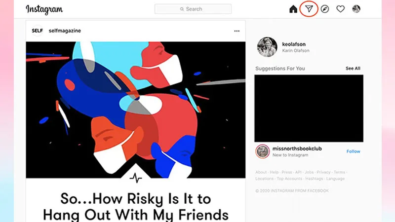 Vị trí biểu tượng Direct Message (hình máy bay giấy) trên giao diện Instagram web