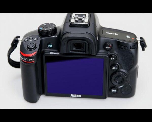 Hình ảnh cận cảnh máy ảnh Nikon D90 hiển thị các tính năng chính và bố cục nút điều khiển