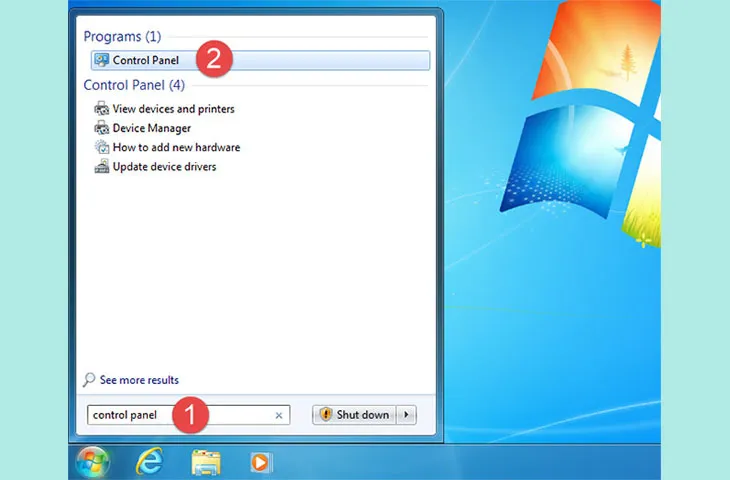 Bước 1: Bạn nhấn nút Windows trên bàn phím để cửa sổ tìm kiếm hiện ra &gt; Gõ từ khóa Control panel