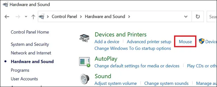Tiếp tục dùng nút Tab để di chuyển vùng chọn đến mục Mouse &gt; Nhấn chọn Enter.