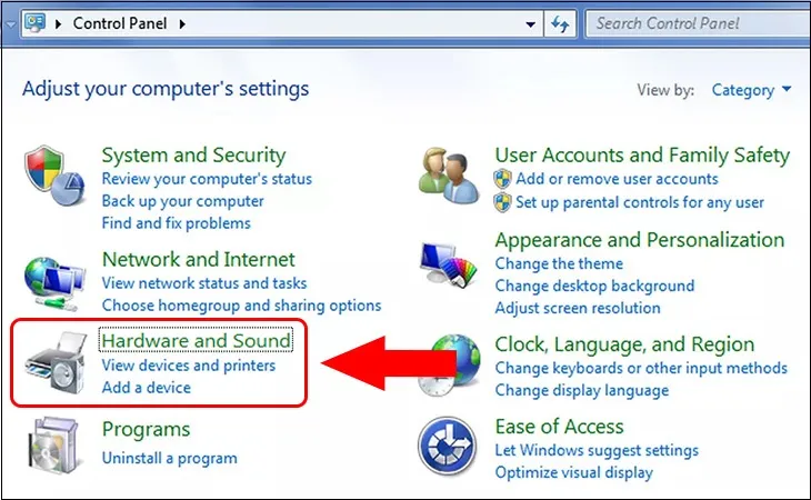 Bước 2: Dùng nút Tab trên bàn phím di chuyển đến và chọn mục Hardware and Sound &gt; Nhấn chọn Enter