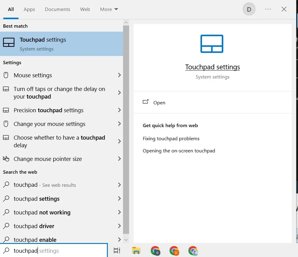 Cài đặt Touchpad trong Windows, nơi điều chỉnh các thông số vận hành, tương tự như các tùy chọn cần kiểm tra khi chuột máy tính bàn không phản hồi.