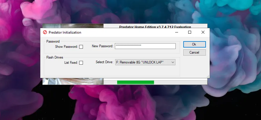 Giao diện thiết lập mật khẩu dự phòng và chọn ổ USB cho chức năng mở khóa USB trên máy tính.