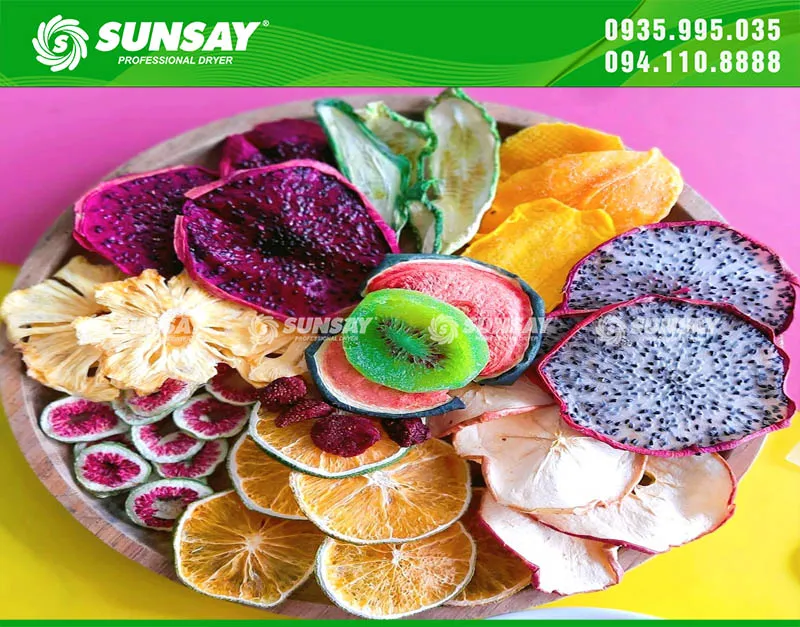 Các loại hoa quả đa dạng được sấy khô bằng máy sấy chuyên dụng, minh họa hiệu quả của cách sử dụng máy sấy hoa quả đúng chuẩn