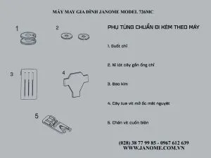 Bộ phụ kiện và chân vịt đi kèm máy may Janome, hỗ trợ đa dạng kỹ thuật may vá cơ bản và nâng cao