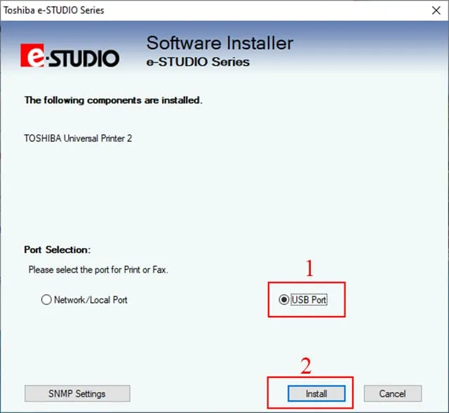 Chọn USB Port để cài driver cho máy photocopy Toshiba 723 kết nối trực tiếp