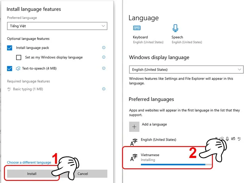 Nhấn Install và đợi quá trình tiếng Việt được cài vào máy tính của bạn hoàn tất