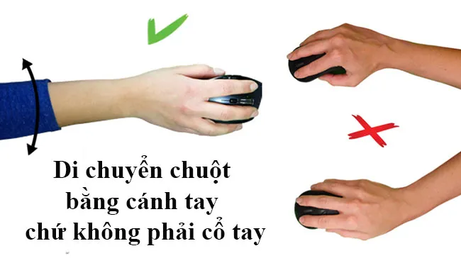 Thao tác di chuyển chuột máy tính bằng cánh tay giúp giảm áp lực lên cổ tay, tối ưu hiệu quả và sức khỏe người dùng.