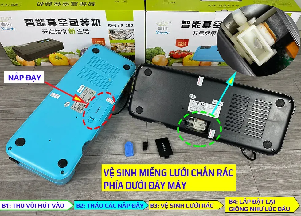 Vệ sinh lưới chắn rác dưới đáy máy hút chân không P290