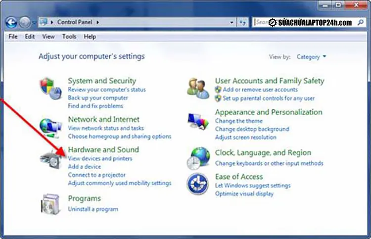 Truy cập Control Panel để quản lý thiết bị và máy in trên Win 7