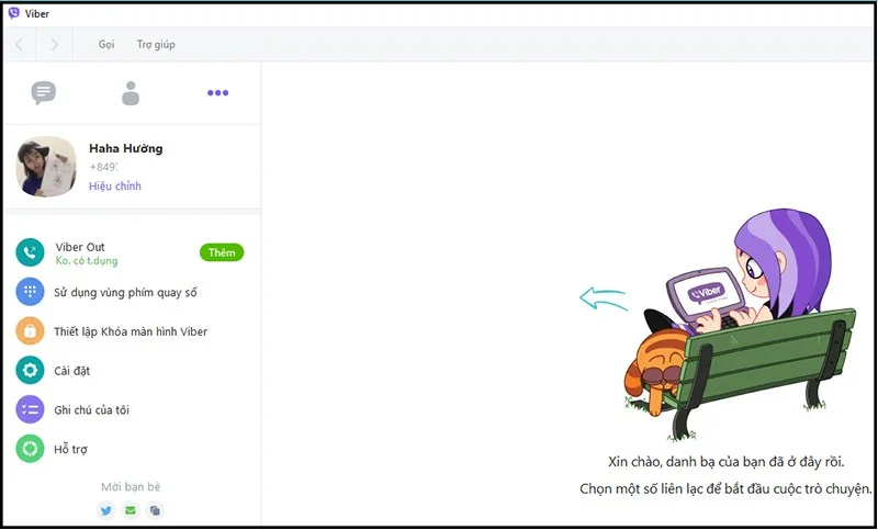Viber trên máy tính đã được kích hoạt thành công, hiển thị giao diện trò chuyện, thể hiện kết quả việc mở viber trên máy tính
