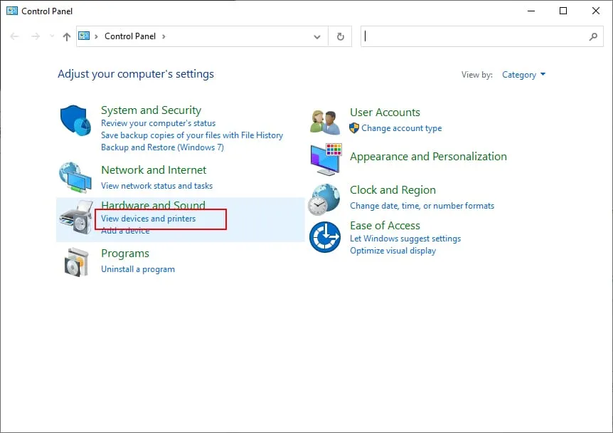 Chọn View devices and printers để tiếp tục cài đặt máy photocopy Toshiba 723