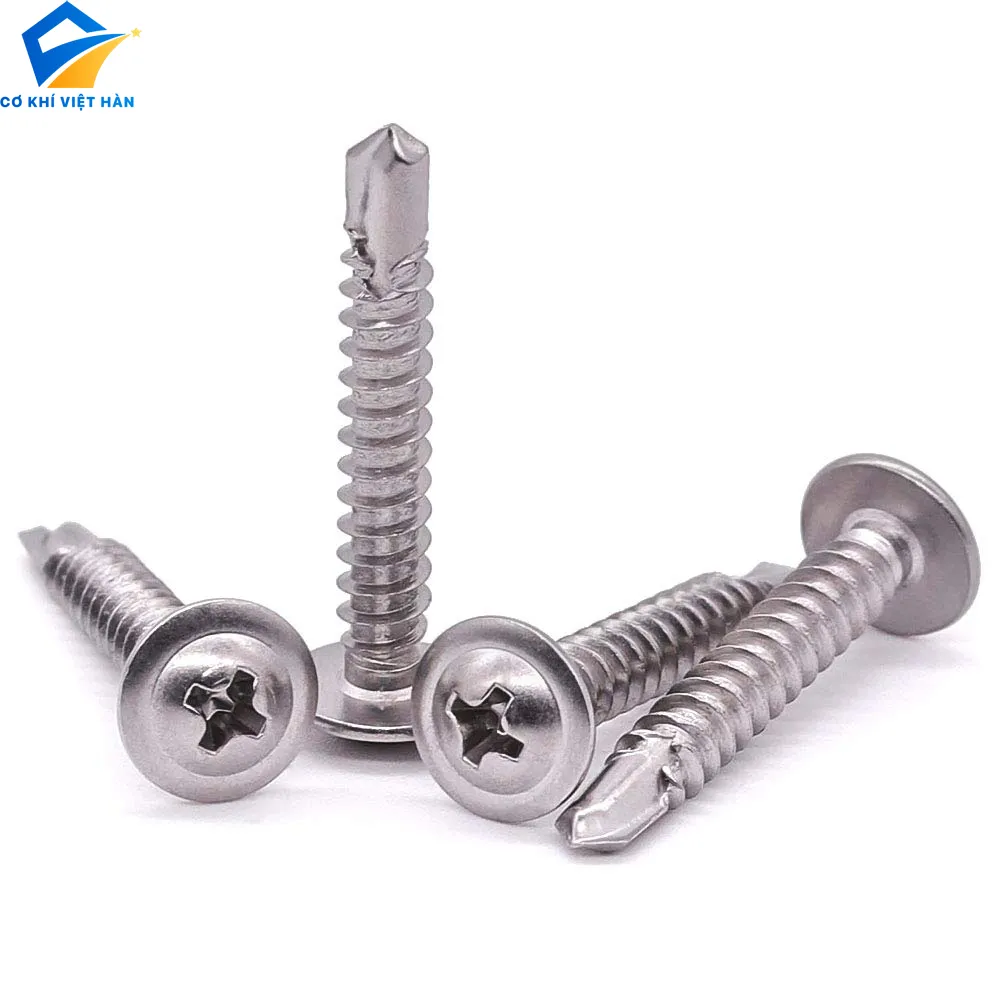 Vít tự khoan inox 410 đầu dù DIN 7504T với phần mũ rộng, tăng khả năng chịu lực ép và cố định vật liệu