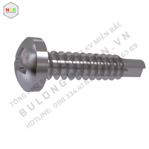 Cấu tạo chi tiết vít tự khoan inox đầu tròn với đầu mũ, thân ren và đuôi khoan sắc bén