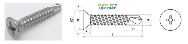 Bảng thông số kỹ thuật vít tự khoan đầu bằng đuôi cá