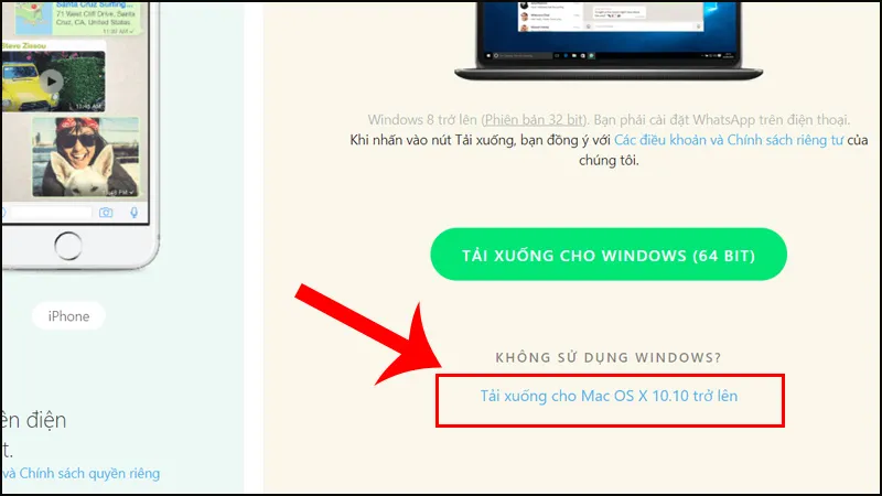 Ảnh chụp màn hình trang tải xuống WhatsApp dành cho macOS