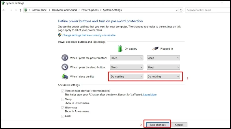 Thiết lập hành động &quot;Do nothing&quot; khi gập nắp máy tính để duy trì hoạt động