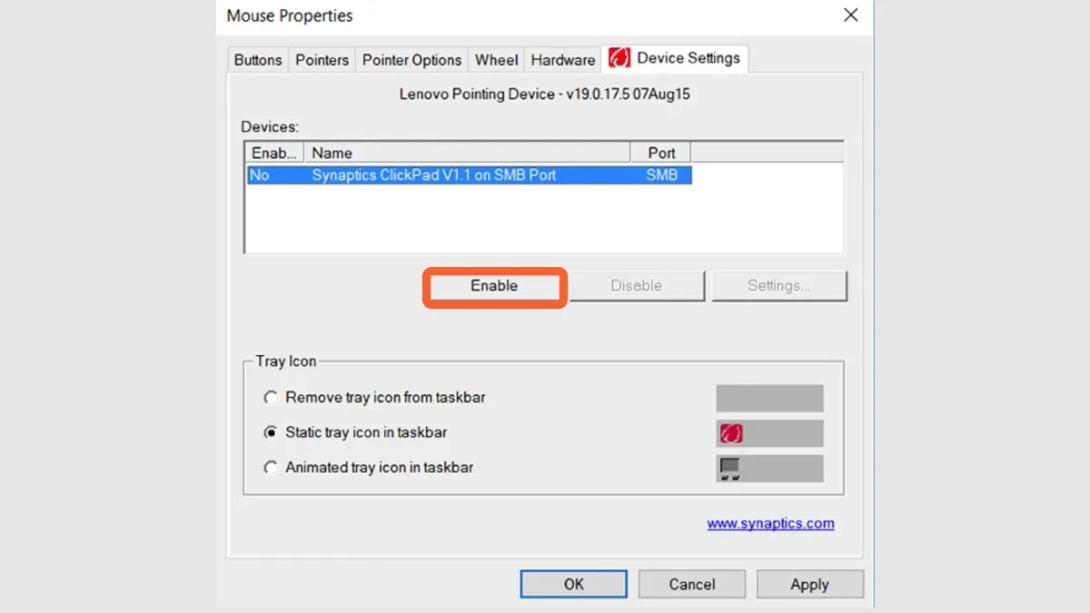 Cửa sổ cài đặt chuột trong Windows 7 với tab Device Settings, nơi quản lý các thiết bị trỏ, hữu ích khi tìm cách mở khóa chuột máy tính bàn gặp vấn đề.