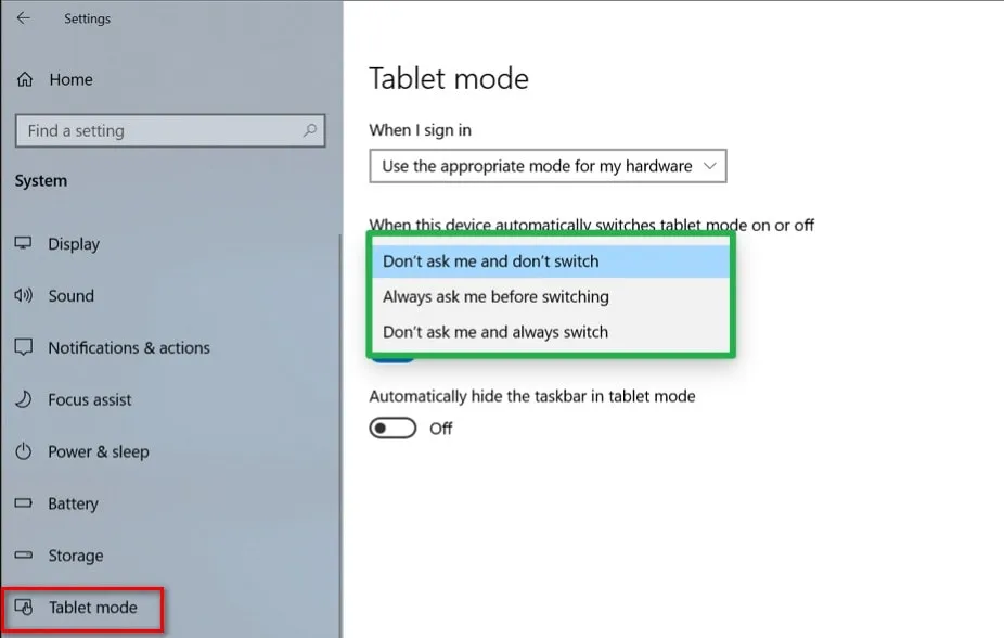 Tùy chỉnh hành vi chế độ máy tính bảng trong cài đặt Windows 10