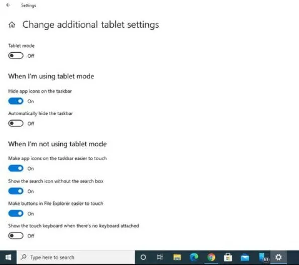 Các tùy chọn cài đặt bổ sung cho chế độ máy tính bảng trong Windows 10