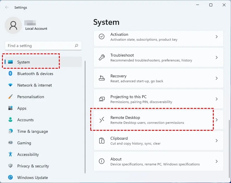 Giao diện cài đặt Remote Desktop trong Windows 11