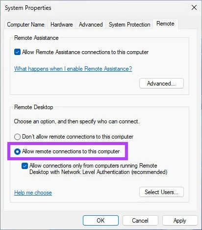 Cấu hình cho phép kết nối từ xa trong System Properties
