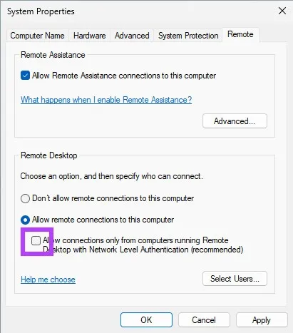Tắt Network Level Authentication (NLA) cho Remote Desktop