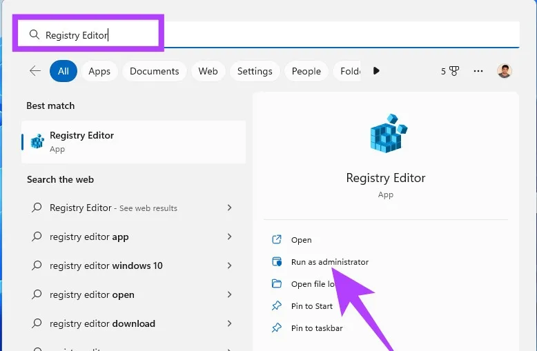 Mở Registry Editor với quyền quản trị trên Windows 11