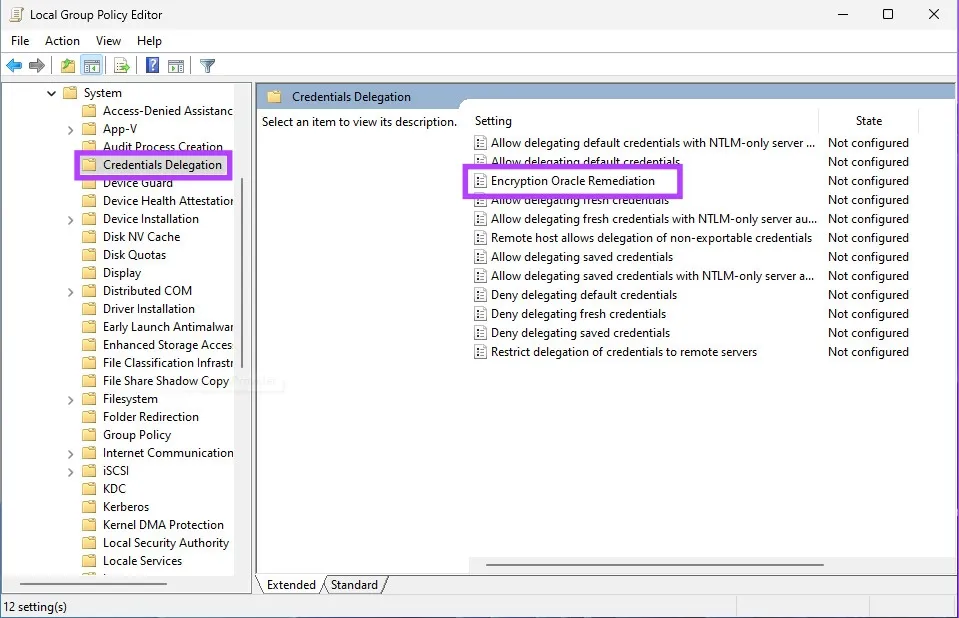 Điều hướng đến Credentials Delegation trong Group Policy Editor