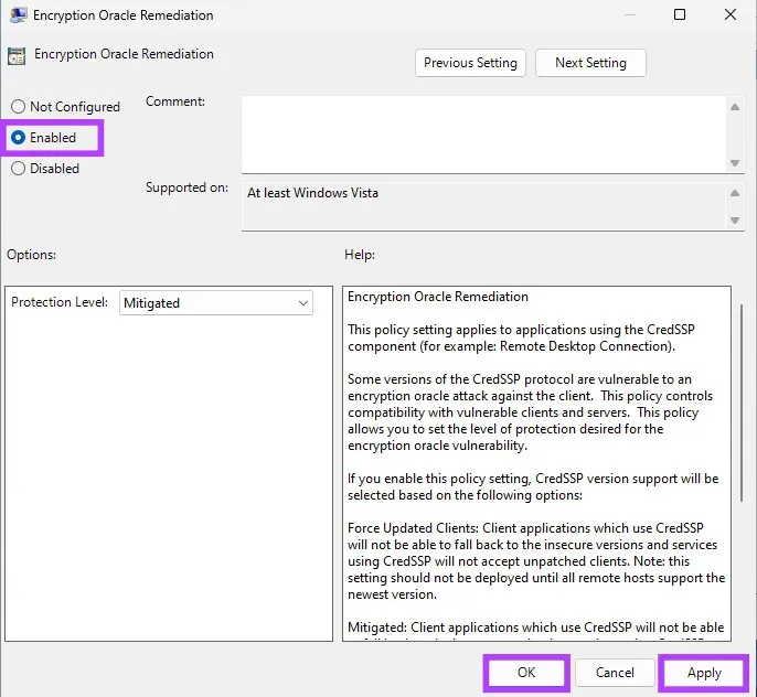Kích hoạt tùy chọn Enabled cho Encryption Oracle Remediation