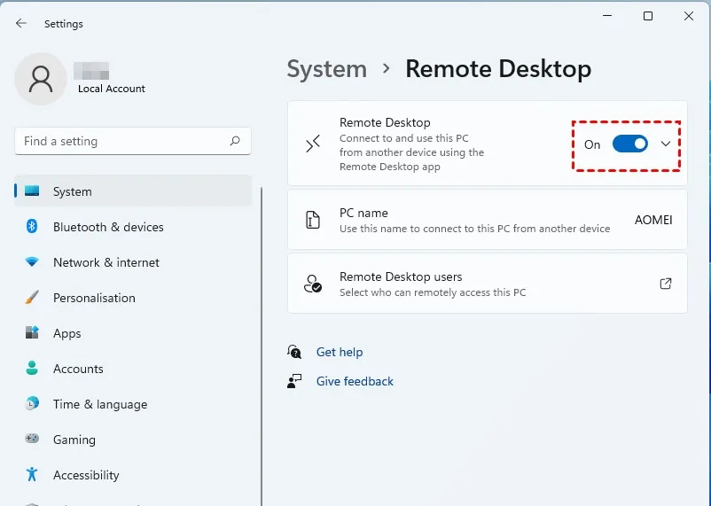 Xác nhận kích hoạt Remote Desktop trên Windows 11