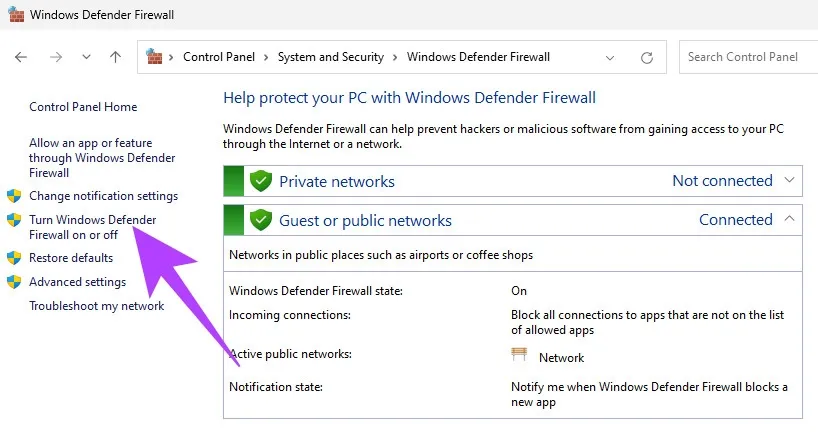 Tùy chọn bật tắt Windows Defender Firewall