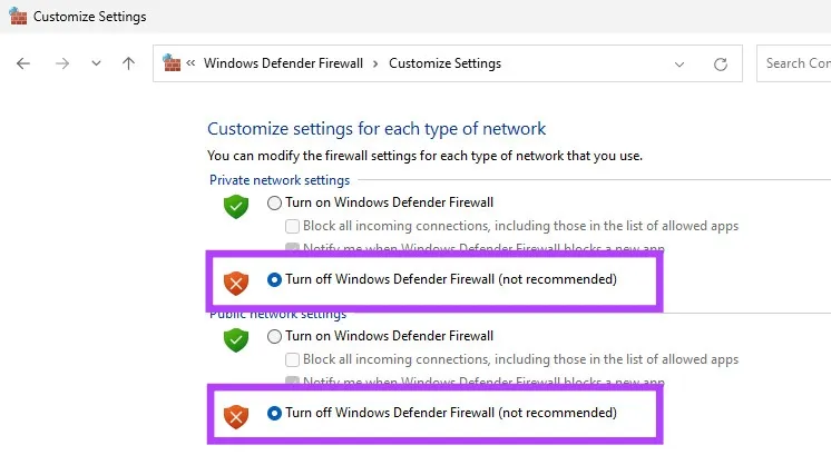 Vô hiệu hóa Windows Defender Firewall cho mạng riêng và công cộng