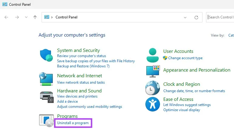 Gỡ cài đặt chương trình trong Control Panel