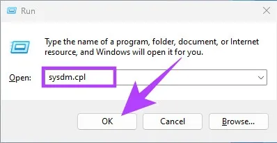 Mở cửa sổ System Properties bằng lệnh sysdm.cpl