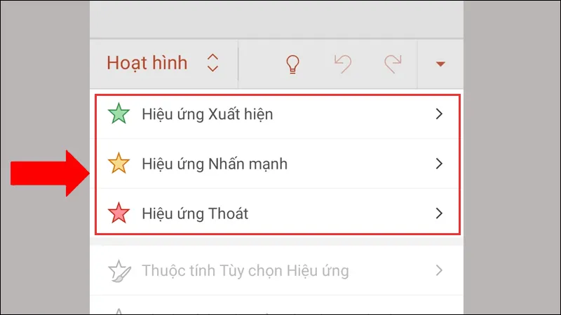 Chọn kiểu hoạt hình (Animations) cho đối tượng trên PowerPoint điện thoại