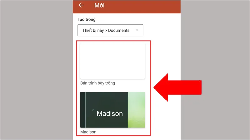 Giao diện PowerPoint trên điện thoại khi chọn một mẫu slide