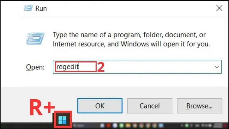 Bấm tổ hợp phím Windows + R &gt; Gõ regedit &gt; Nhấn Enter
