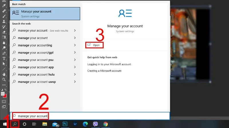 Tìm kiếm và mở Manage your account
