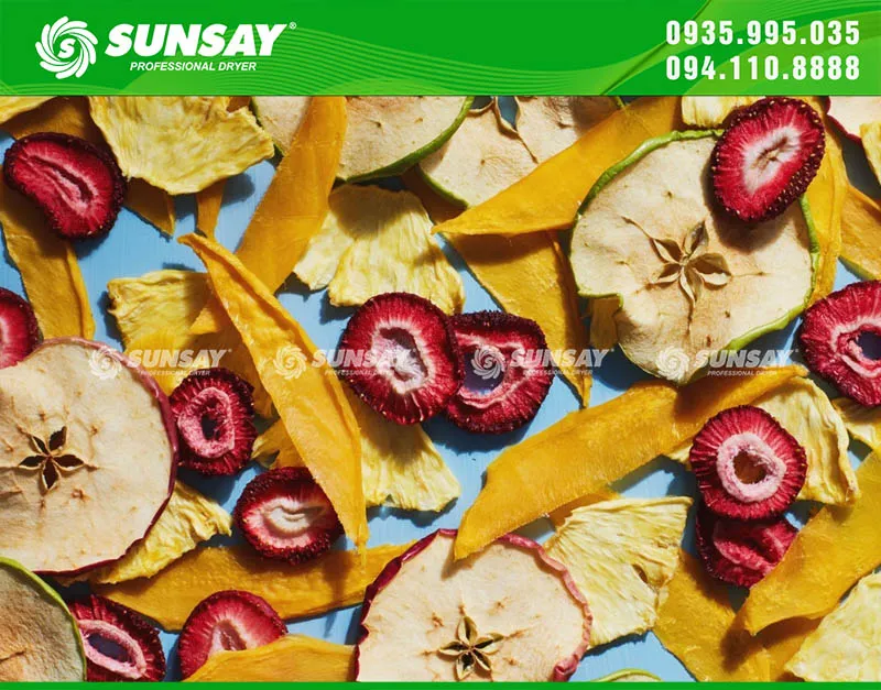 Xoài và táo sấy lạnh với màu sắc đẹp mắt, kết quả của cách sử dụng máy sấy hoa quả với thời gian và nhiệt độ sấy hợp lý